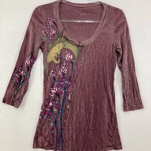 XCVI Medium Purple Floral Artsy Stretch Fitted 3/4 Sleeve Top Boho Y2K Distress